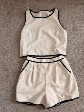 SHEIN Cream Two-Piece Crop Top and Shorts Set with Black Trim